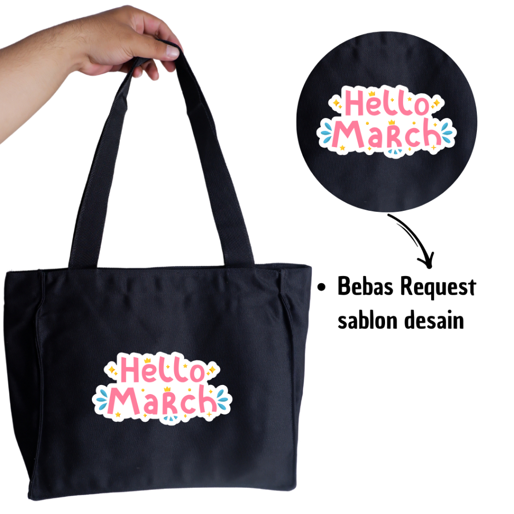 Tote Bag Custom Square Hitam Tote Bag Kuliah - Tas Wanita Sekat Kantong Unisex Kanvas Premium