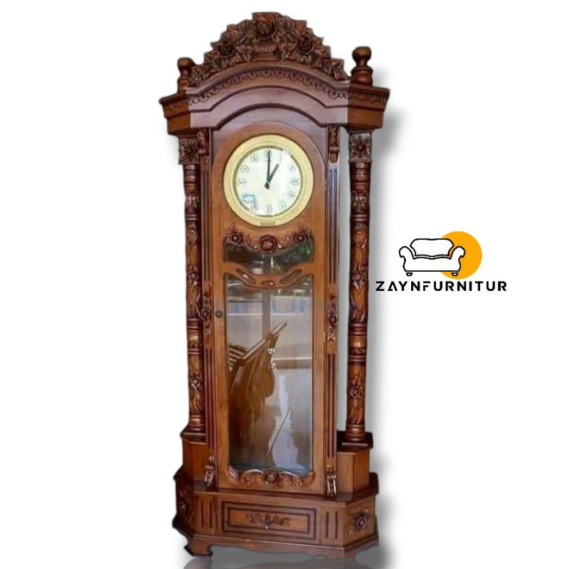 JATI TUA Lemari Jam Mawar Natural Jepara