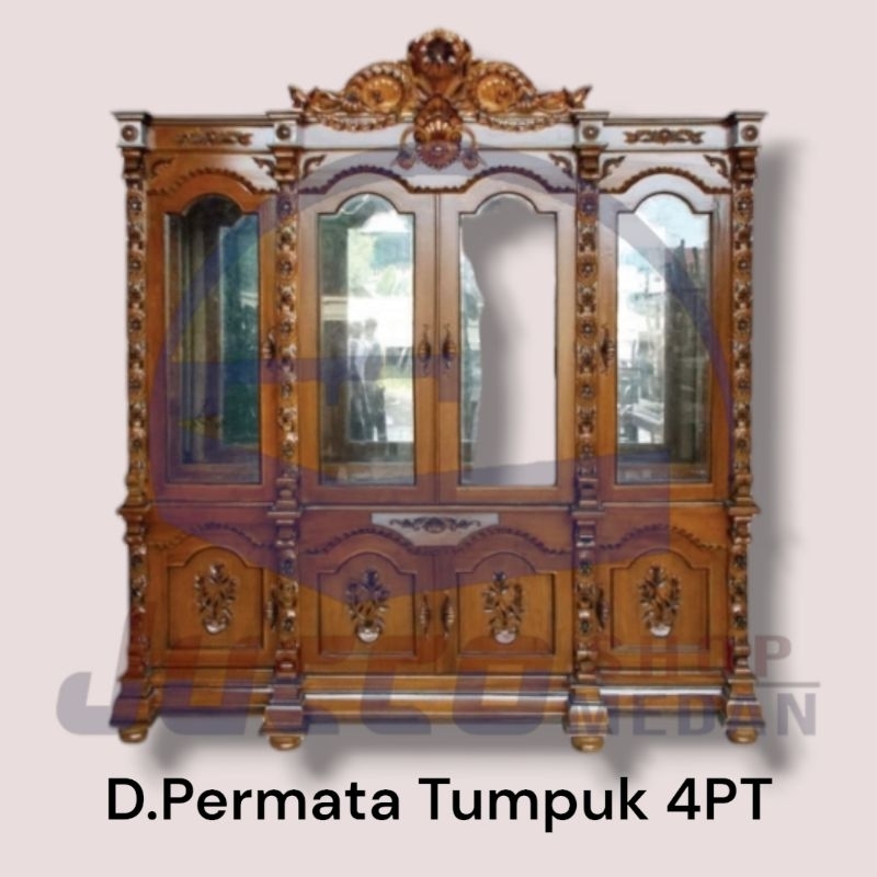 [ Jucco ] Lemari Hias Kayu Ukir 3 Pintu - Lemari Pajangan Kayu Jati 4pintu Murah - Lemari Kristal ka