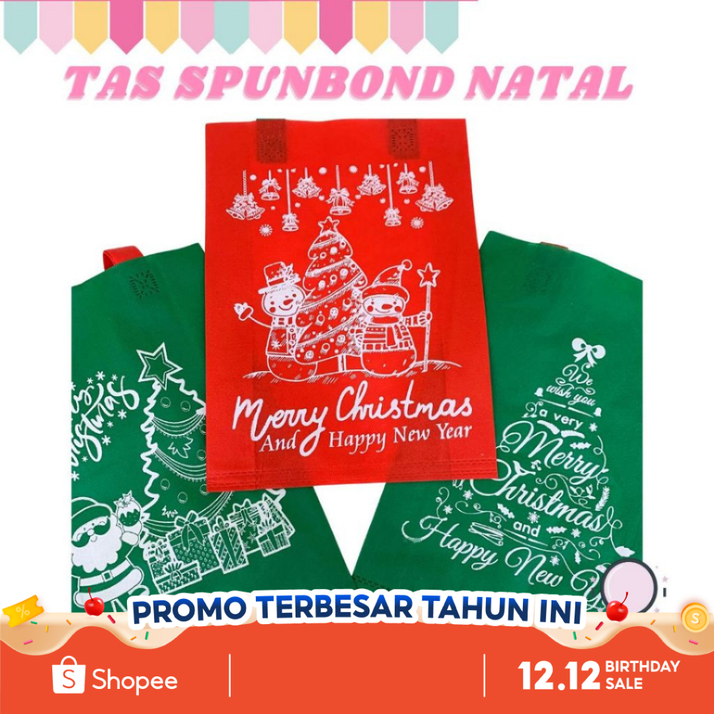 

12 pcs Tas Spunbond Natal Ukuran 35x25 Goodie Bag Motif Natal Tas Hampers Natal Bag Hamper Edisi Natal Tilisan Merry Christma And Happy New Year