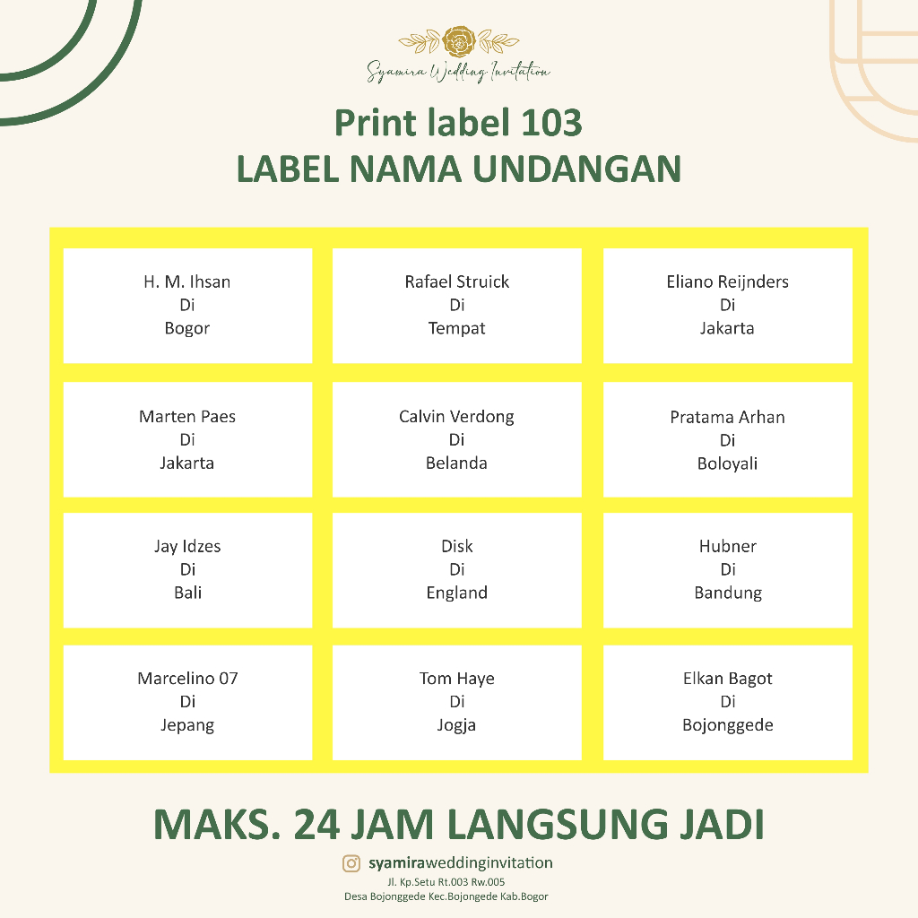 

Cetak Label Nama Undangan 103 / Proses Cepat / Label Sekolah 103 / Print Label Undangan