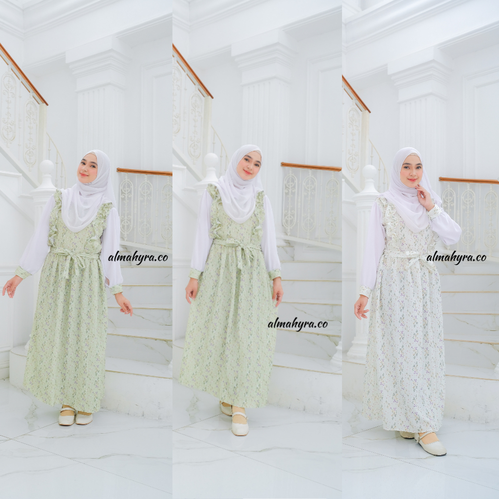 Midi Dress Lionel Ruffle Korean Style | Gamis Wanita Motif Bunga | Korean Overall Dress Rempel Wanit