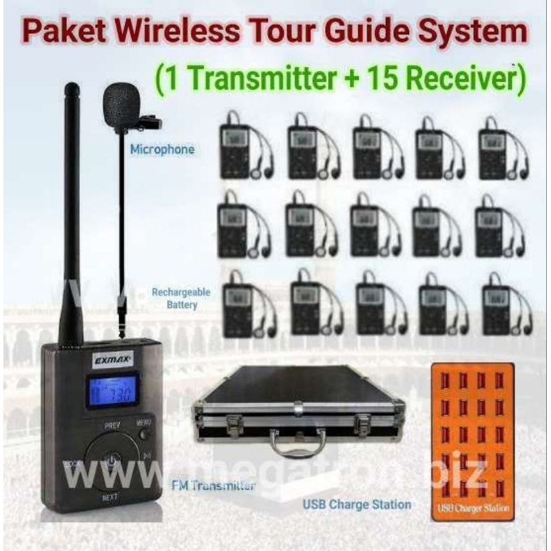 Paket Wireless Tour Guide System 1 Transmitter + 15 Receiver Rechargeable + Charge Station