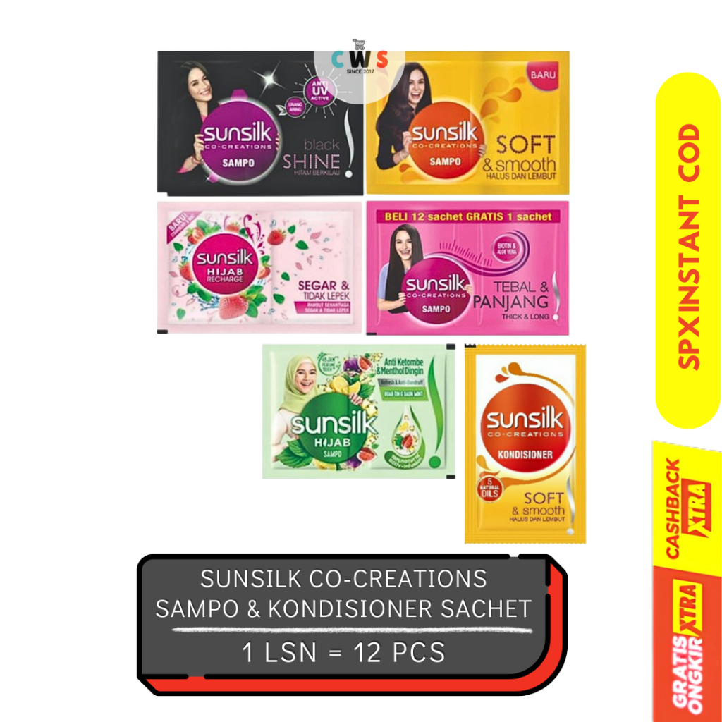 SUNSILK Co-Creations Sampo & Kondisioner Black Shine Soft Smooth Hijab Sachet - 1 Renceng / 12 Pcs