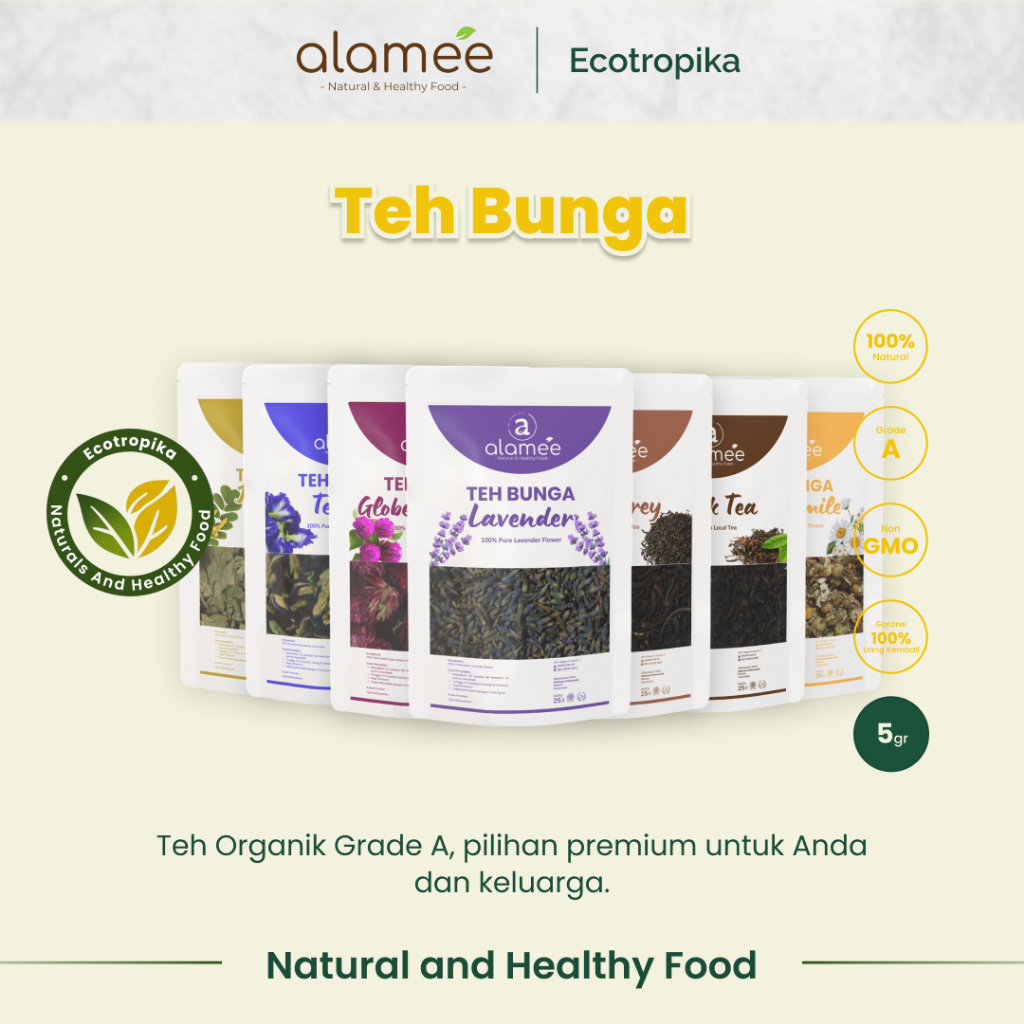 

Alamee Teh Bunga Lavender 5gr, Teh Daun Kelor, Teh Jati Cina, Teh Daun Pandan, Teh Bunga Telang, Rose, Mawar, Bud Earl, Black Tea, Chamomile, Sereh