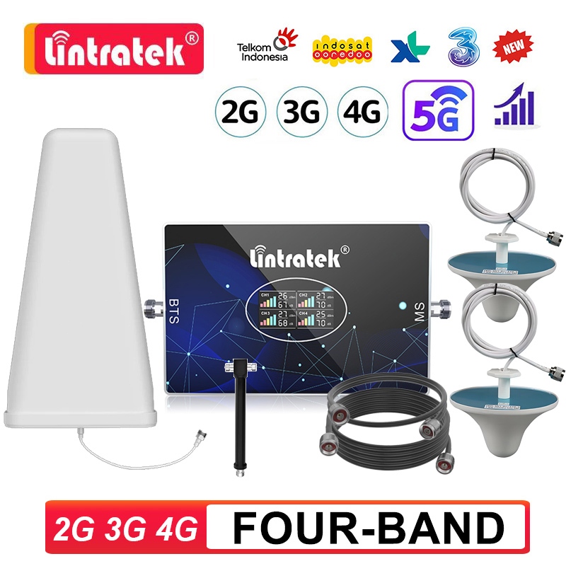 Lintratek 4-Band Penguat Seluler 900 1800 2100 Mhz Hubungi Penguat Sinyal Modem 2G 3G 4G  Kit Kabel 
