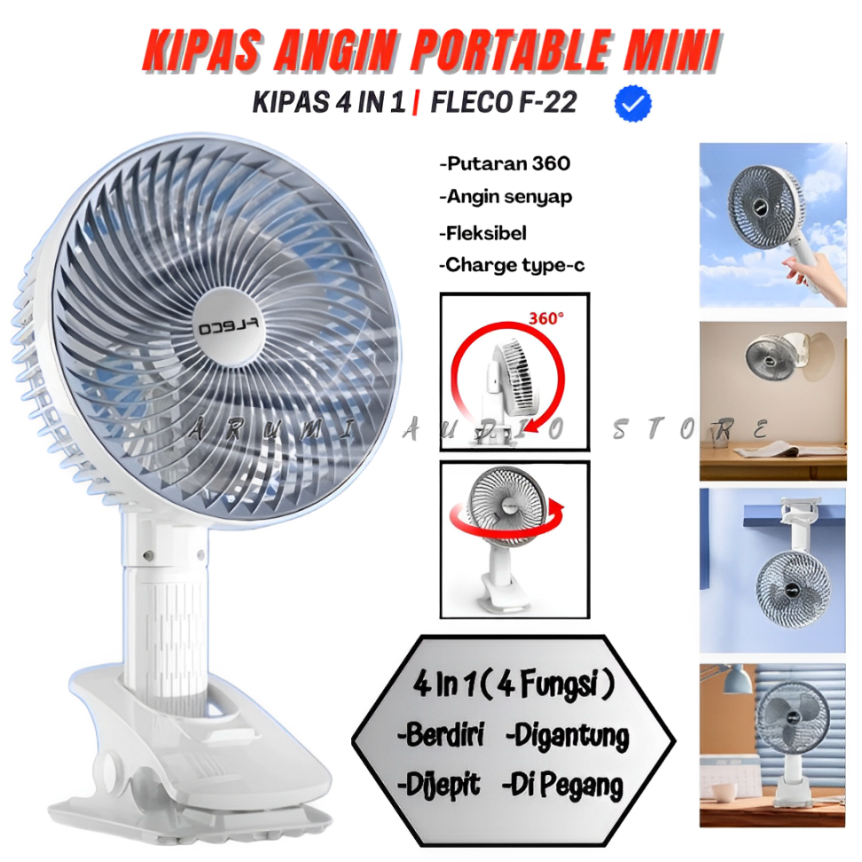Kipas Angin Jepit 3in1 Portable Fleco F-22 / Tempel Dinding | Kipas Angin Desktop Fleco F-22 Mini Fa