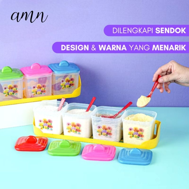 Tempat Bumbu Dapur Set Isi 4 Rak Bumbu Kotak Plastik Wadah Garam Gula Merica