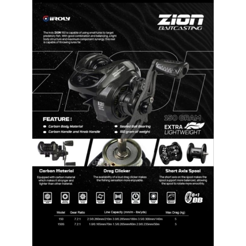 Reel Pancing Bait Casting BC/Kerekan Pancing Baitcasting Iroly Zion SW Drag Clicker Carbon Body & Ha