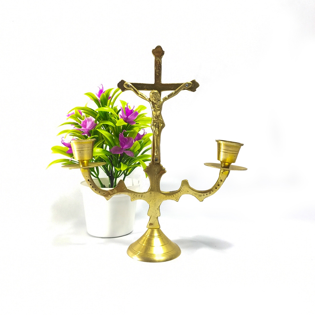 Salib Kandelar 21 cm Bahan Besi Kuningan / Salib Besi Kuningan / Salib Duduk Katholik / Salib Antik
