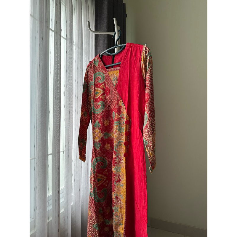 Gamis Batik Atasan Wanita Kombinasi Warna Merah Preloved