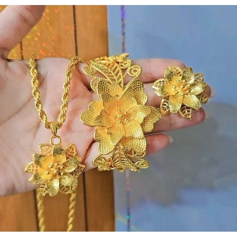 Set Perhiasan Medan Bunga Terbaru Berlapiskan Emas 24k