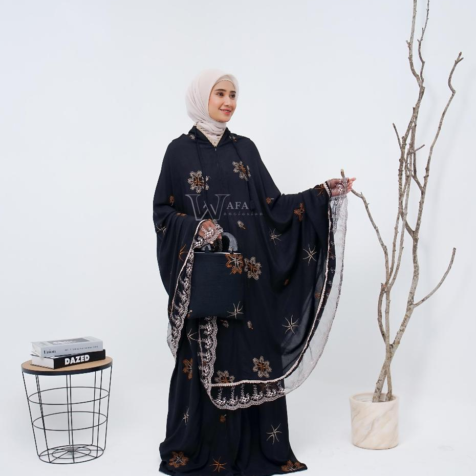 Wafa Mukena  Bordir Rayon Hitam Motif Bintang Tile Terbaru