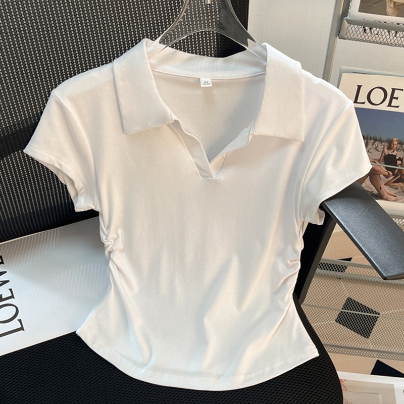 Kaos Lengan Pendek Kerah Polo Tidak Beraturan Putih Atasan Ketat Seksi Fashion Wanita Gaya Korea