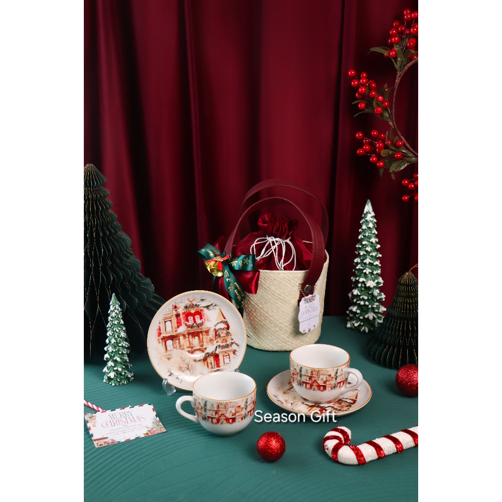 Parsel Tas Anyaman Natal Unik VIRAL - Hampers Natal Isi Cangkir Set - Set Cangkir Piring Natal - Ham