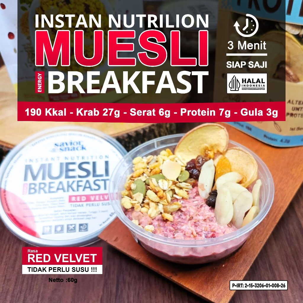 

MUESLI Red Velvet Overnight Oats Sereal Oatmeal Menu Sarapan Sehat 3 Menit Siap Saji | Savior Snack