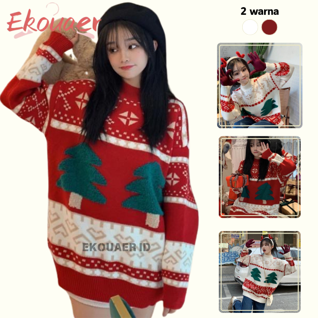 Ekouaer Christmas Sweater Korean Style Wanita Sweater Crewneck Knit Top Pola Pohon Natal Putih Merah
