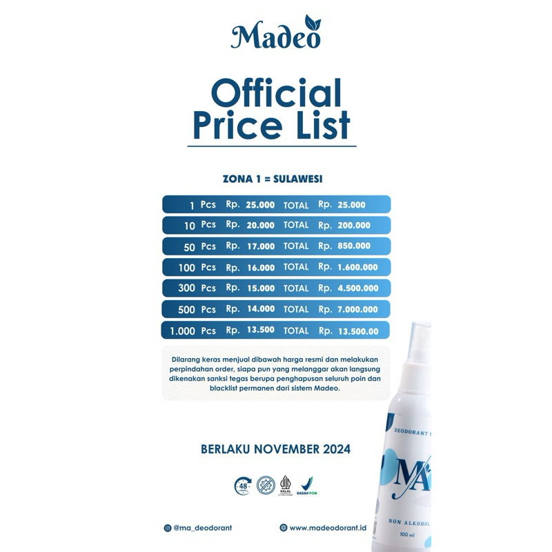 MA Deodorant Spray Makassar 100pcs