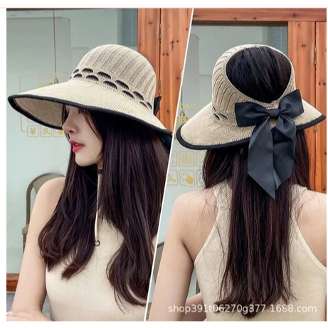 FH Topi Pantai Bulat Jerami Rajut Wanita Aksen Bunga Pita/Topi Musim Panas Fashion Import/Topi panta