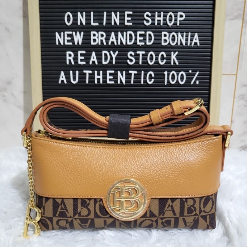 tas bonia original sling bag monogram coklat logo B besar