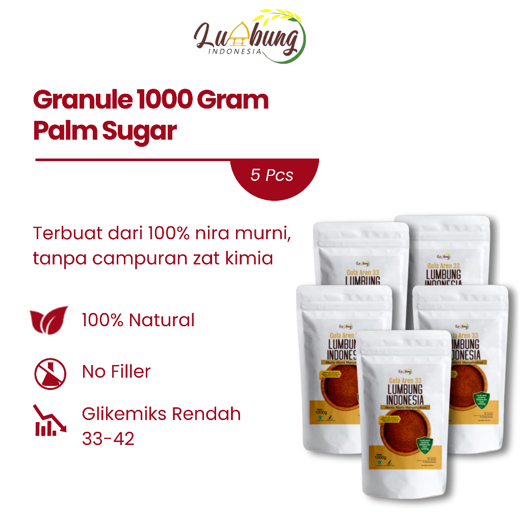 

Gula Aren 33 Lumbung Indonesia Paket Hemat Gula Aren Bubuk Organik 1 Kg , Premium dan Halal - 5 pcs