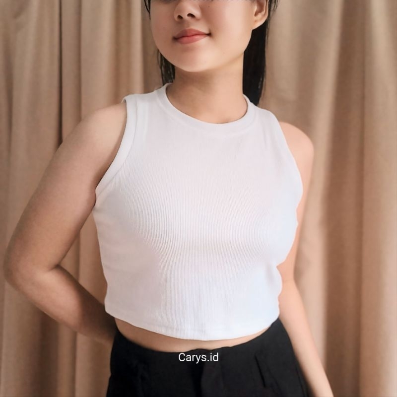 CARYS - Tank Top Putih Hitam Lengan Pendek Crop Top