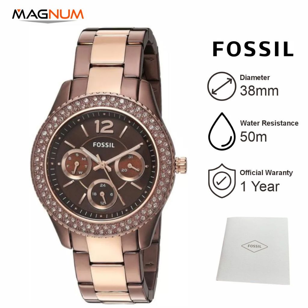 Jam Tangan Wanita Fos sil ES4079 Stella Multifunction Ladies Dark Brown Dial Brown Case Dual Tone St