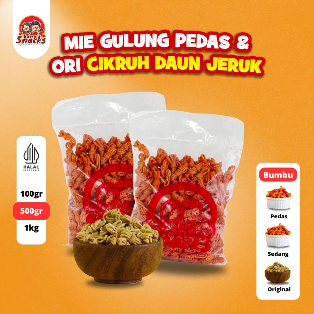 

KANGSNACKS Mie Gulung Pedas & Original Daun Jeruk 100Gr-1Kg Cemilan Makanan Jajanan Jajan Snack Pedas