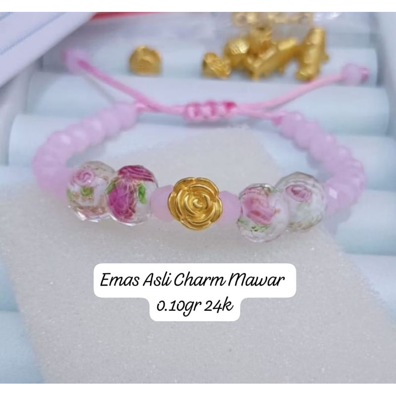 Gelang Emas Asli Mawar 24K Hongkong 999% Tali Batu