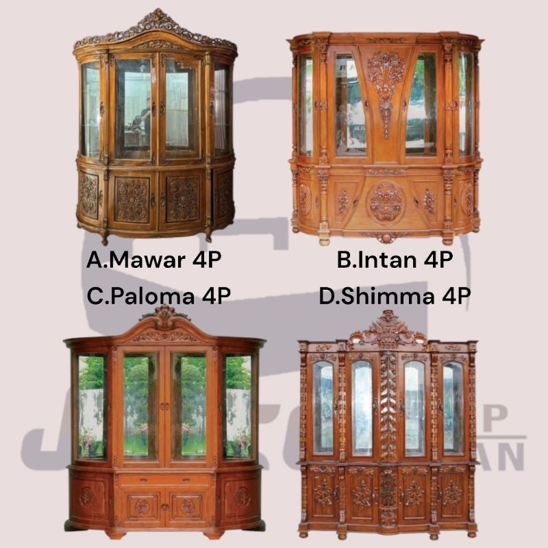 [ Jucco ] Lemari Hias 4pintu kayu ukir murah - Lemari Pajangan 4 pintu Jati jepara - Lemari Kristal 