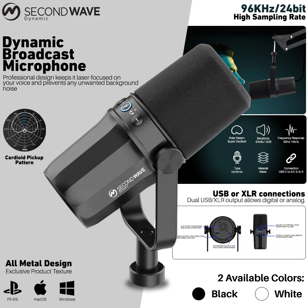 SECONDWAVE Dynamic XLR USB Microphone Cardioid For Broadcast Podcast