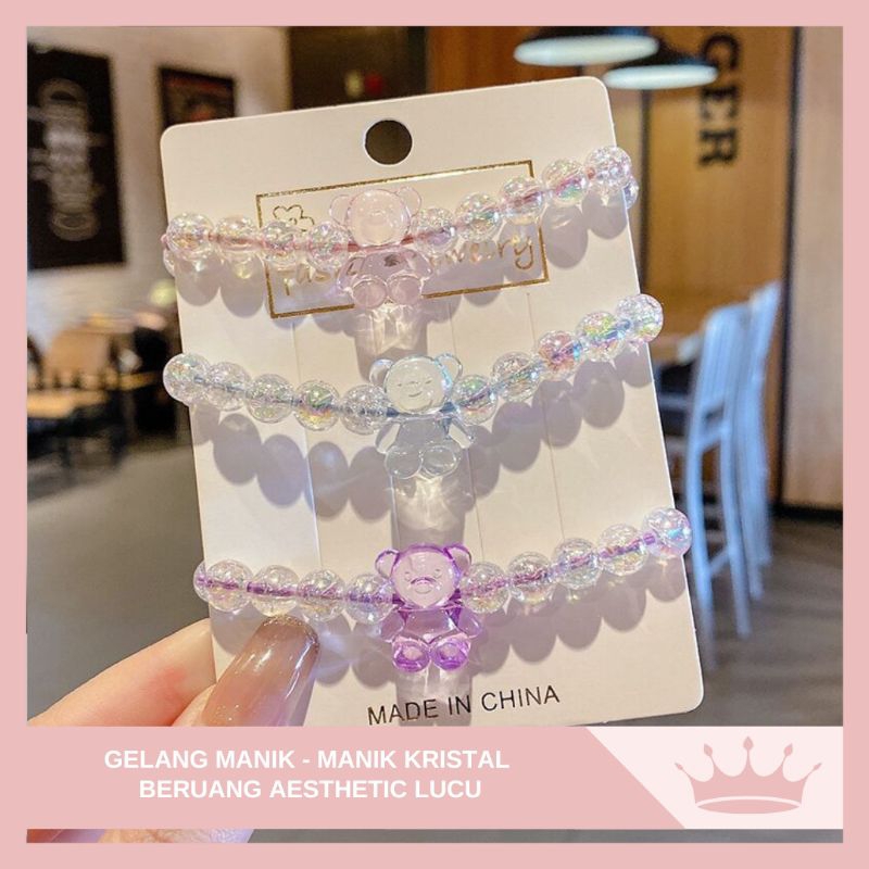 Gelang Manik Kristal  Beruang Aesthetic Lucu / Gelang Multifungsi Tali Ikat Kepala / Karet Gelang Ra