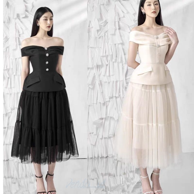 dress set top sabrina skirt midi cute premium europe paris flare gown gaun pesta wedding party event