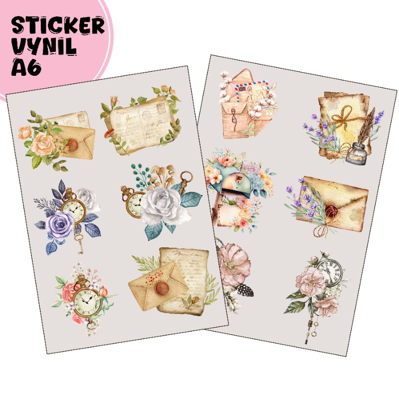 

#PROMO 2pcs Sticker Vynil A6 Bunga Jam Perkamen