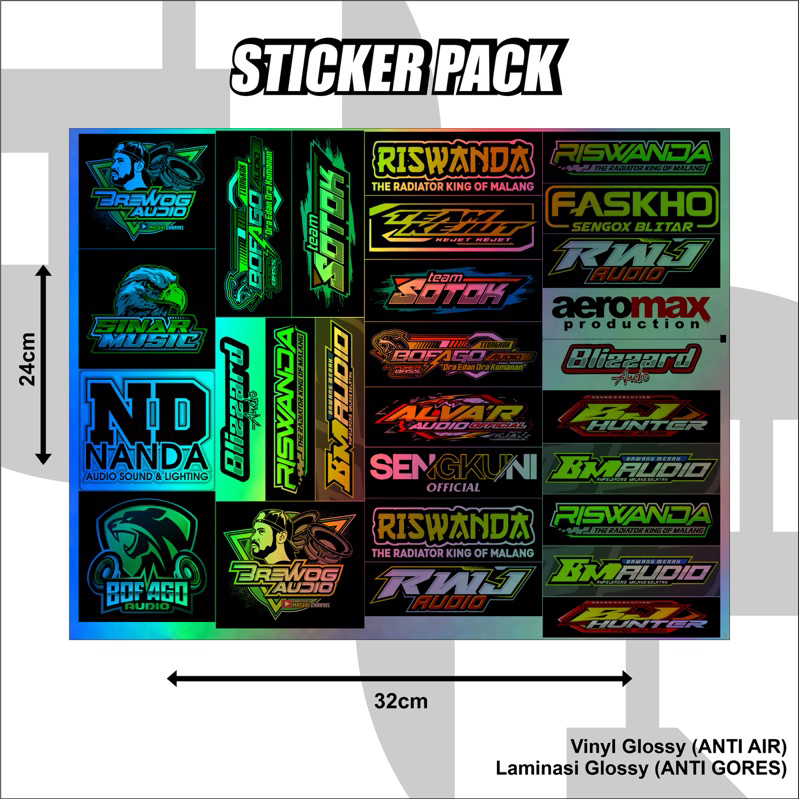 

STIKER SOUND PAKET 28 POTONG HOLOGRAM | VINYL PLASTIK TAHAN AIR BUKAN CHROMO ATAU KERTAS | STIKER HOREG | STICKER SOUND | STICKER HOREG | BREWOG AUDIO | RISWANDA | NANDA AUDIO | TEAM SOTOK | SINAR MUSIK | RWJ AUDIO | BOFAGO AUDIO