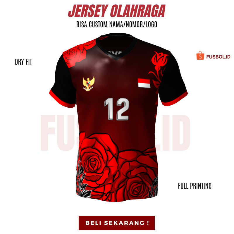 Kaos Jersey Volly Hitam Merah Motif Bunga Mawar 260 - Jersey Olahraga Bisa Custom Desain