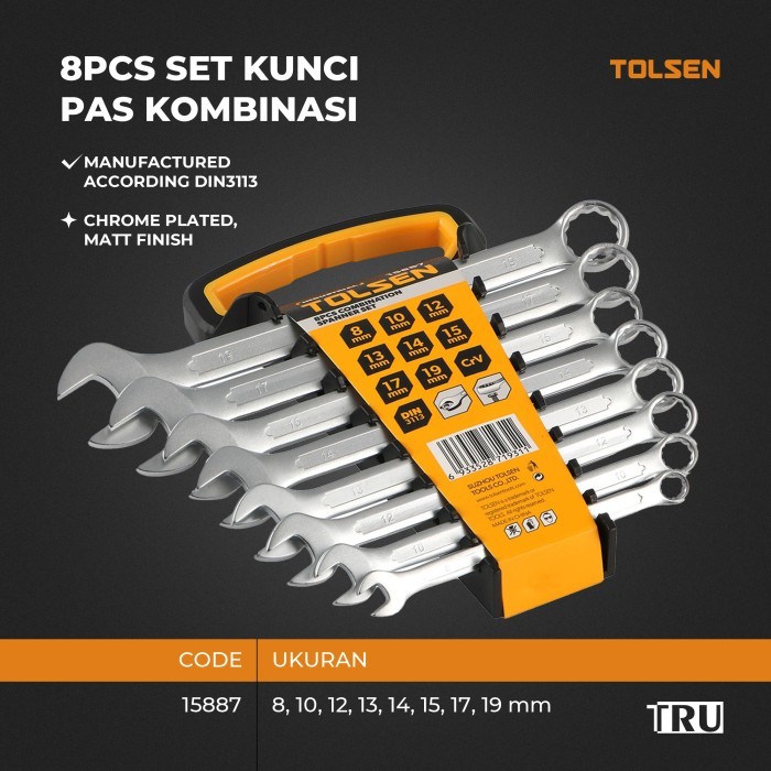 TOLSEN 8Pcs Set Kunci ring pas kombinasi  DIN3113 8, 10, 12, 13, 14, 15, 17, 19 mm  15887