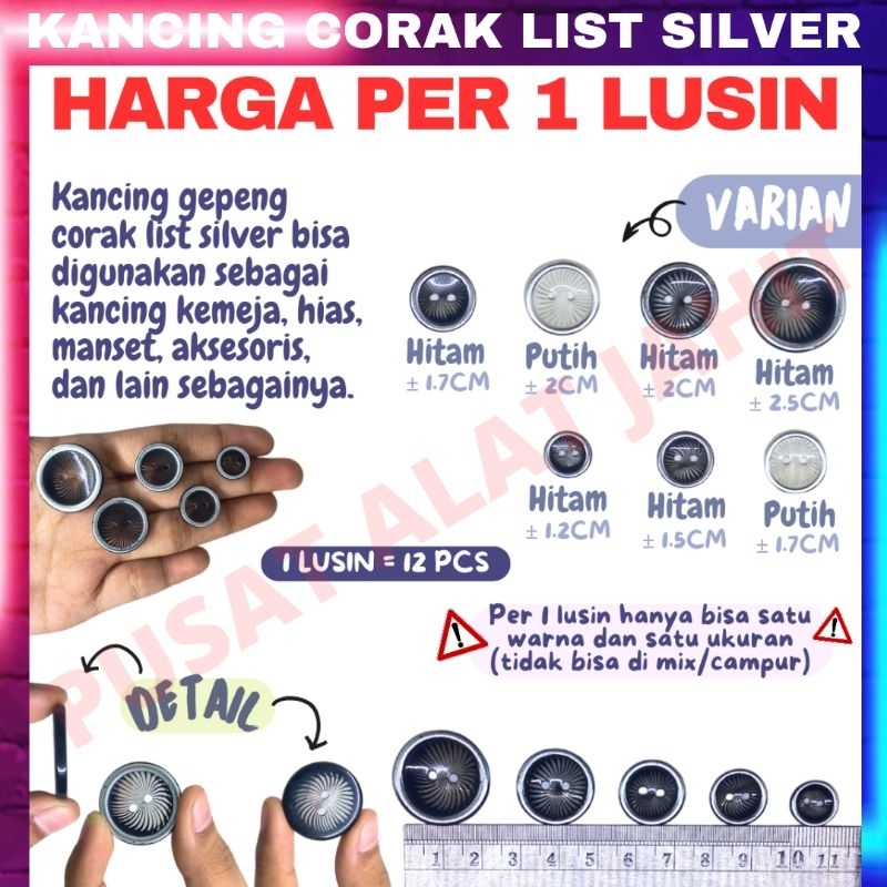 Kancing baju motif gepeng corak list silver perak lubang lobang 2 dua kancing atasan baju kemeja man