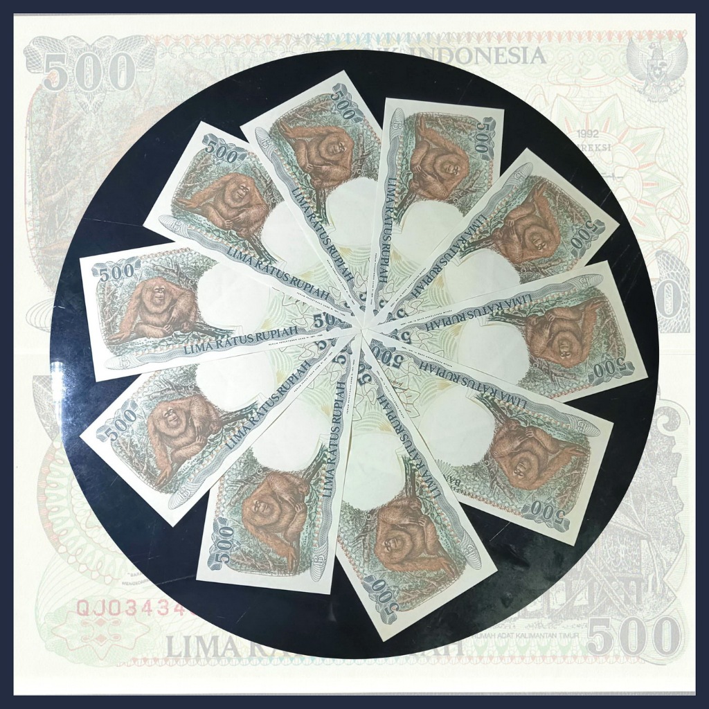 # Paket 10 lembar nomer seri urut - Uang kuno 500 rupiah tahun 1992 Orang Utan/Monyet