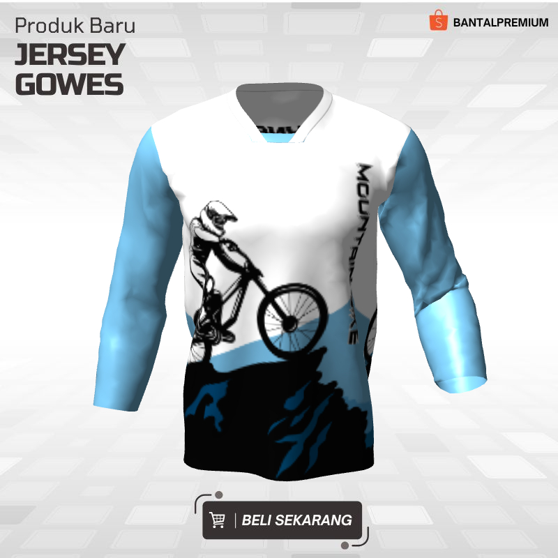 Kaos Jersey Gowes Sepeda Downhill Putih Biru Motif Pegunungan 79 - Jersey Sepeda Lengan Panjang