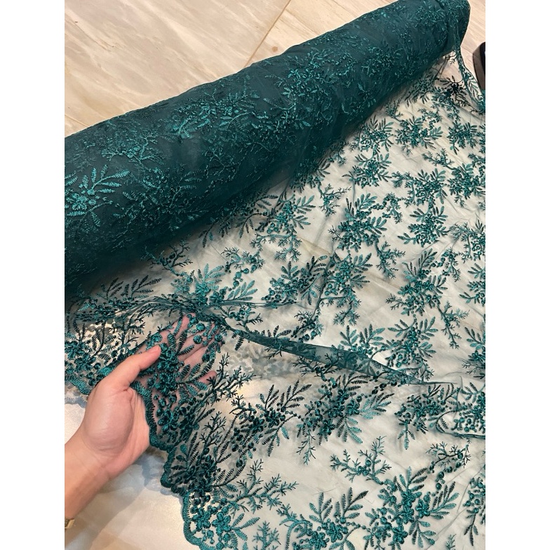 KODE L12J Bahan Kain Kebaya Bordir Tile Brokat Alana Warna Hijau Emerald