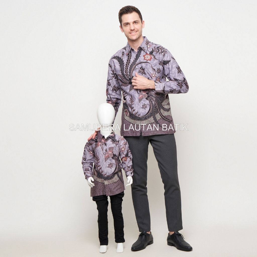 Batik Abu Taro,Kemeja Batik Pria Couple Ayah Anak Warna Abu Hitam, Batik Burung Warna Abu, Kemeja Ba