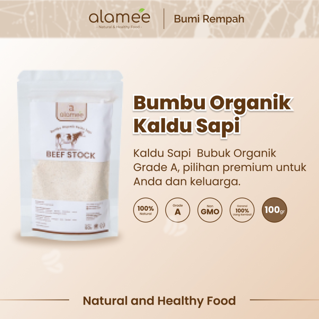 

ALAMEE Kaldu Sapi Bubuk NON MSG Bumbu Dapur Organik Beef Powder Praktis 100gr