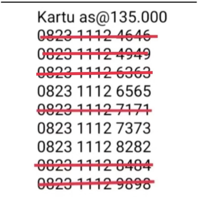 nomor cantik kartu as 08** 1112 ****(6565,7373,8282)nocan-kartu-perdana-telkomsel