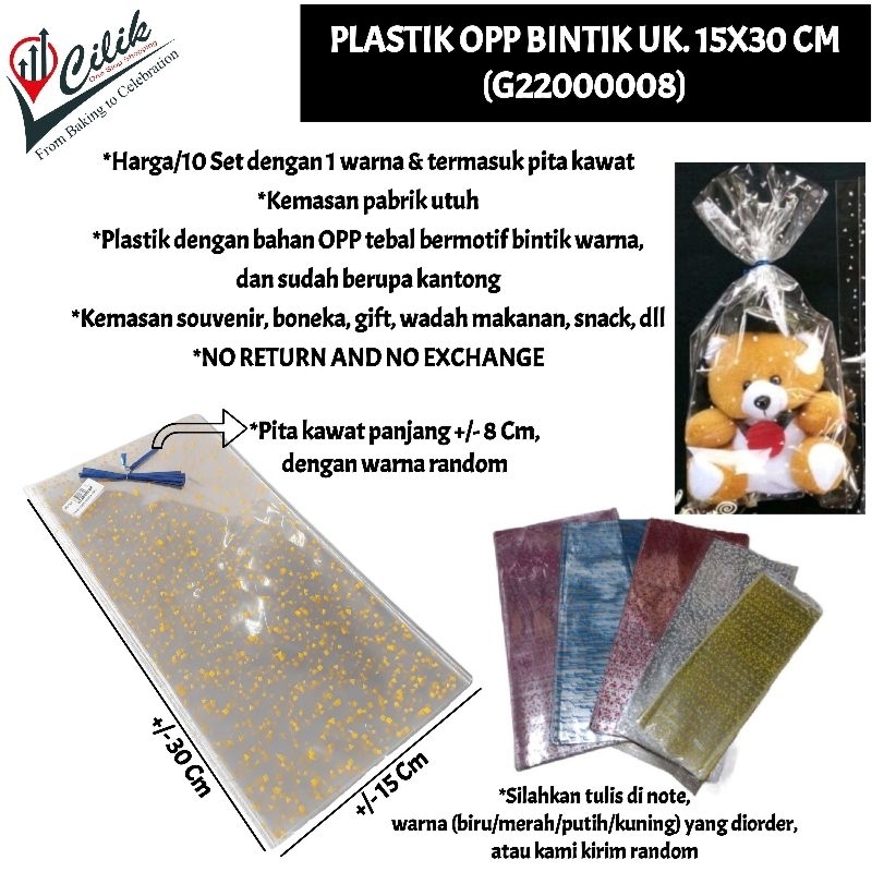 

kemasan packaging bahan plastik kantong opp parsel motif bintik warna wadah snack souvenir gift kado makanan kue cookies dessert jajanan makanan minuman boneka size 15+20+22+24+32+36+40+45+50 cm