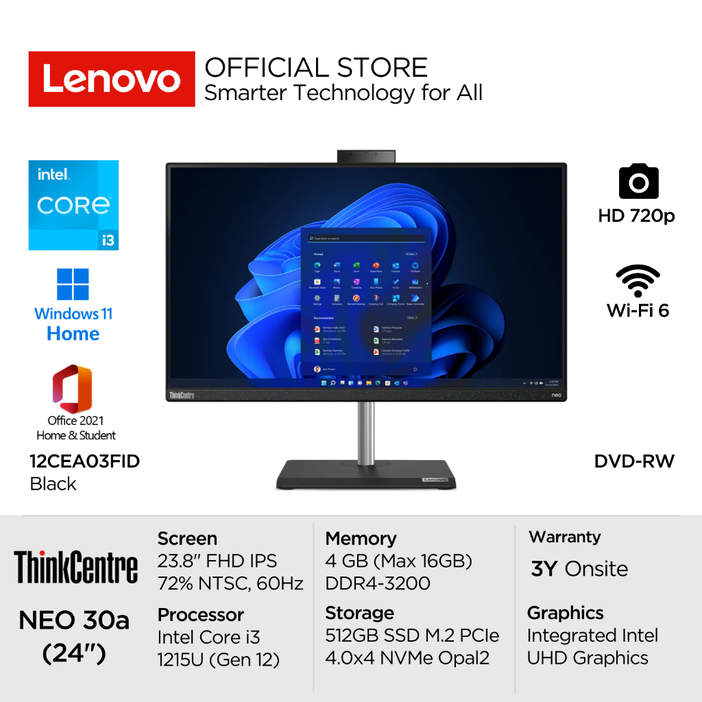 Lenovo PC AIO ThinkCentre Neo 30a 3FID Intel Core i3 1215U Win11 Home 4GB 512GB SSD 23.8" FHD IPS 72