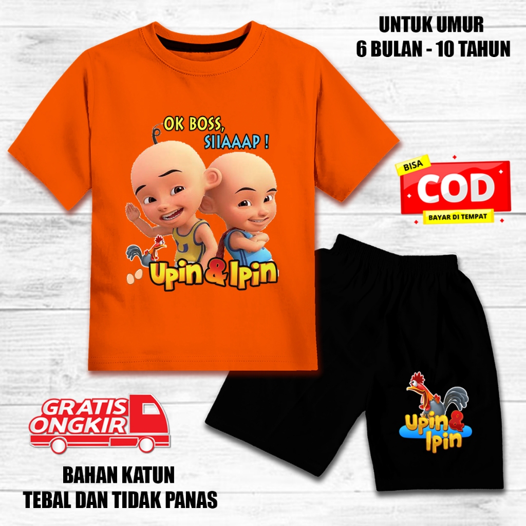 Setelan anak laki laki perempuan lengan pendek set baju kaos anak celana hitam upin ipin ok siap