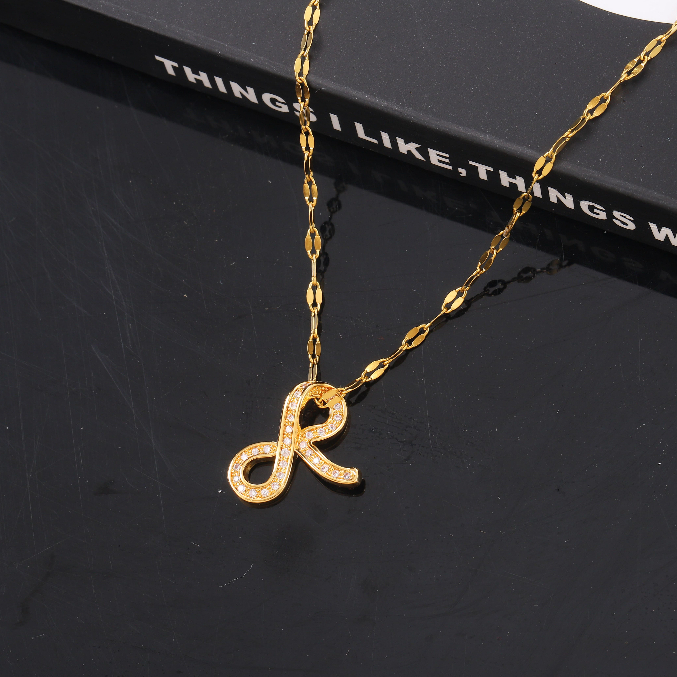 Kalung Titanium Liontin Huruf Abjad R (Raisa) Emas 18K Premium Model Korea Hadiah Crush