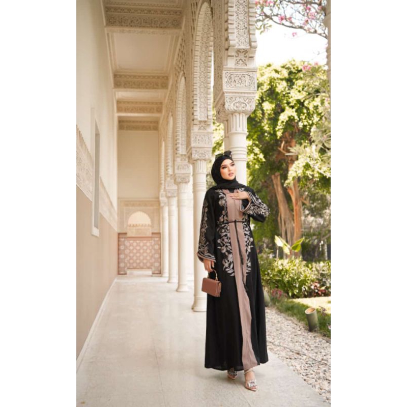 abaya bordir syaza Gamis Hitam dengan Motif Bunga