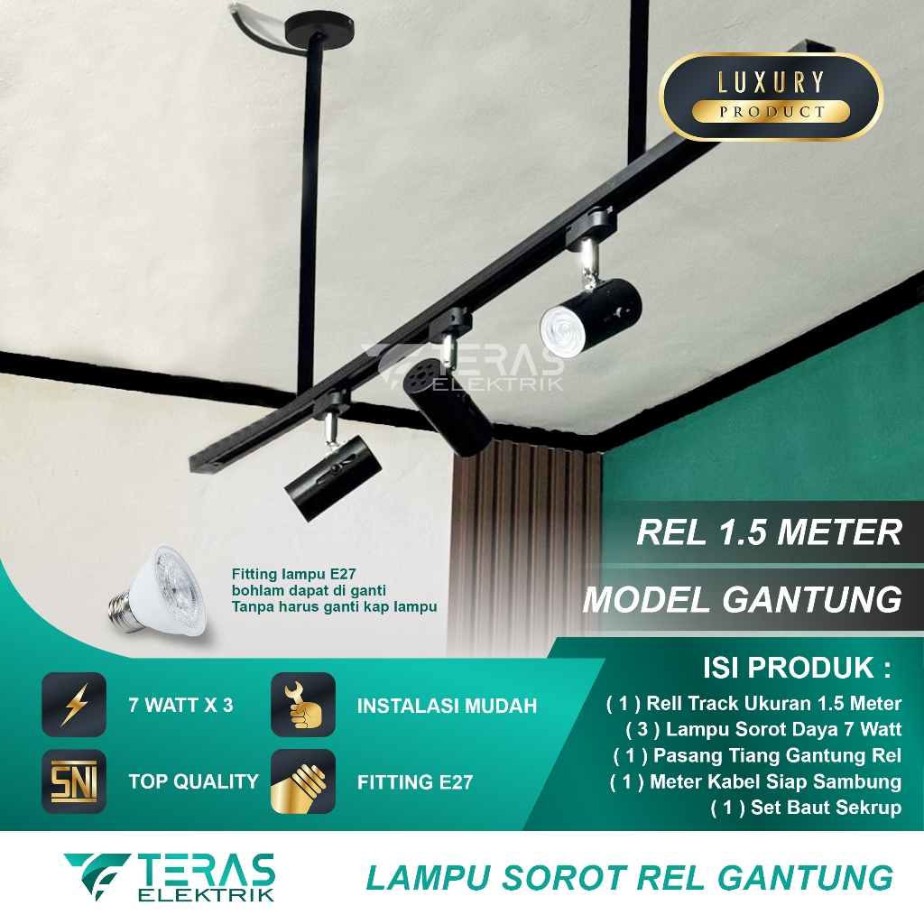 Lampu sorot rel Paket Lampu Sorot Rel Track 1 Set Isi 3 Spotlight Fitting E27 dengan Rel 1,5 Meter P